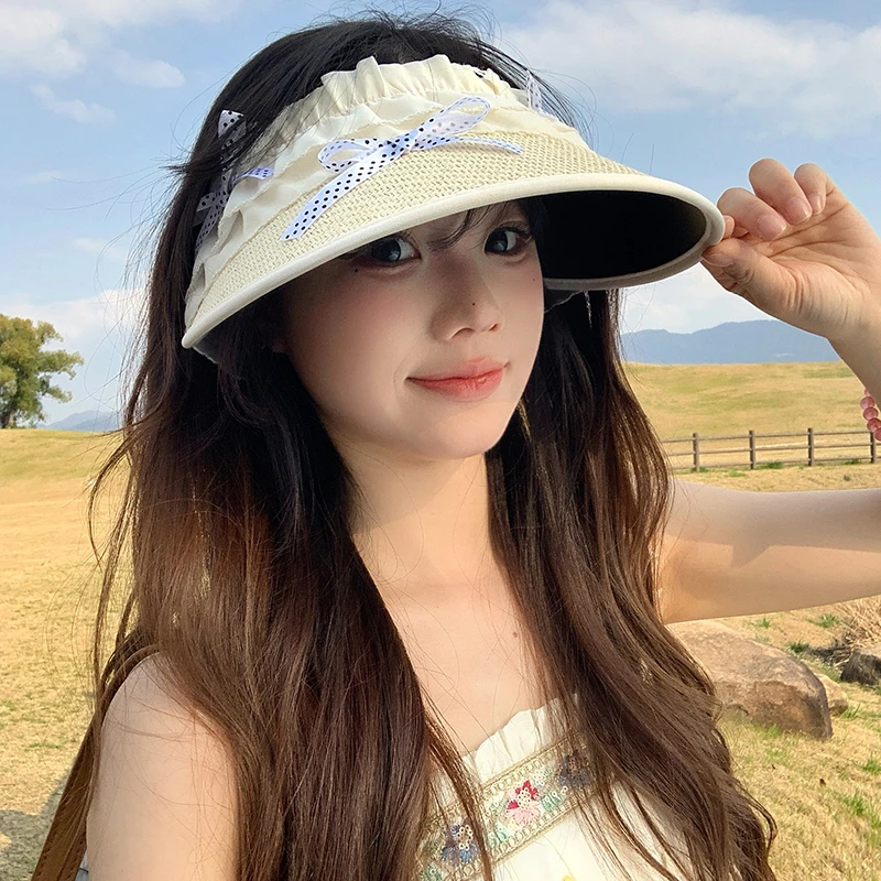 蝴蝶结蕾丝空顶帽女新款夏季大帽檐无顶草帽户外出游遮阳防晒帽子
