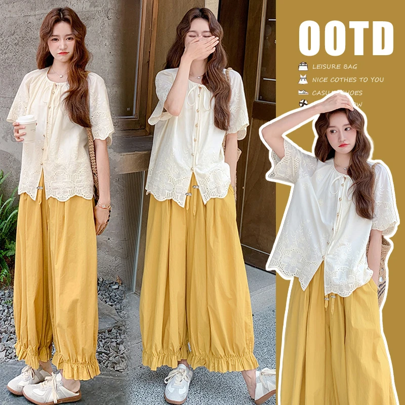 【晴晴】孕妇装套装夏季2025新款时尚气质宽松蕾丝上衣+花苞阔腿裤