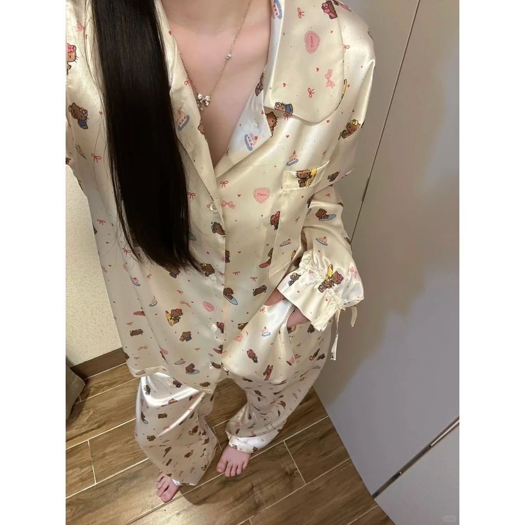 夏威夷黑皮kitty猫冰丝睡衣女春秋2025新款长袖长裤套装家居服夏