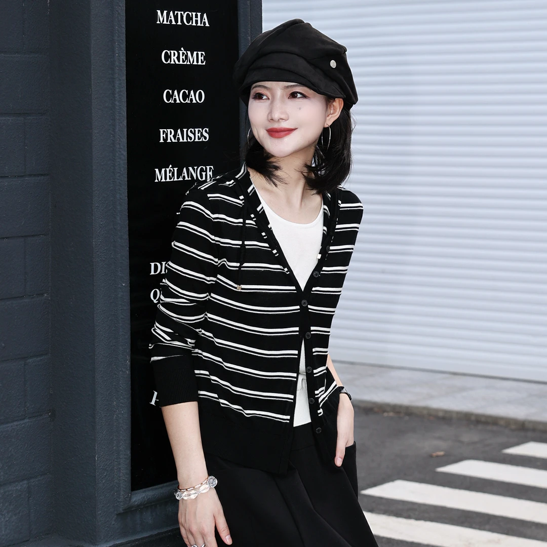 【假两件开衫】枫竺阿楠anan100莱赛尔连帽条纹长袖针织衫女秋外套