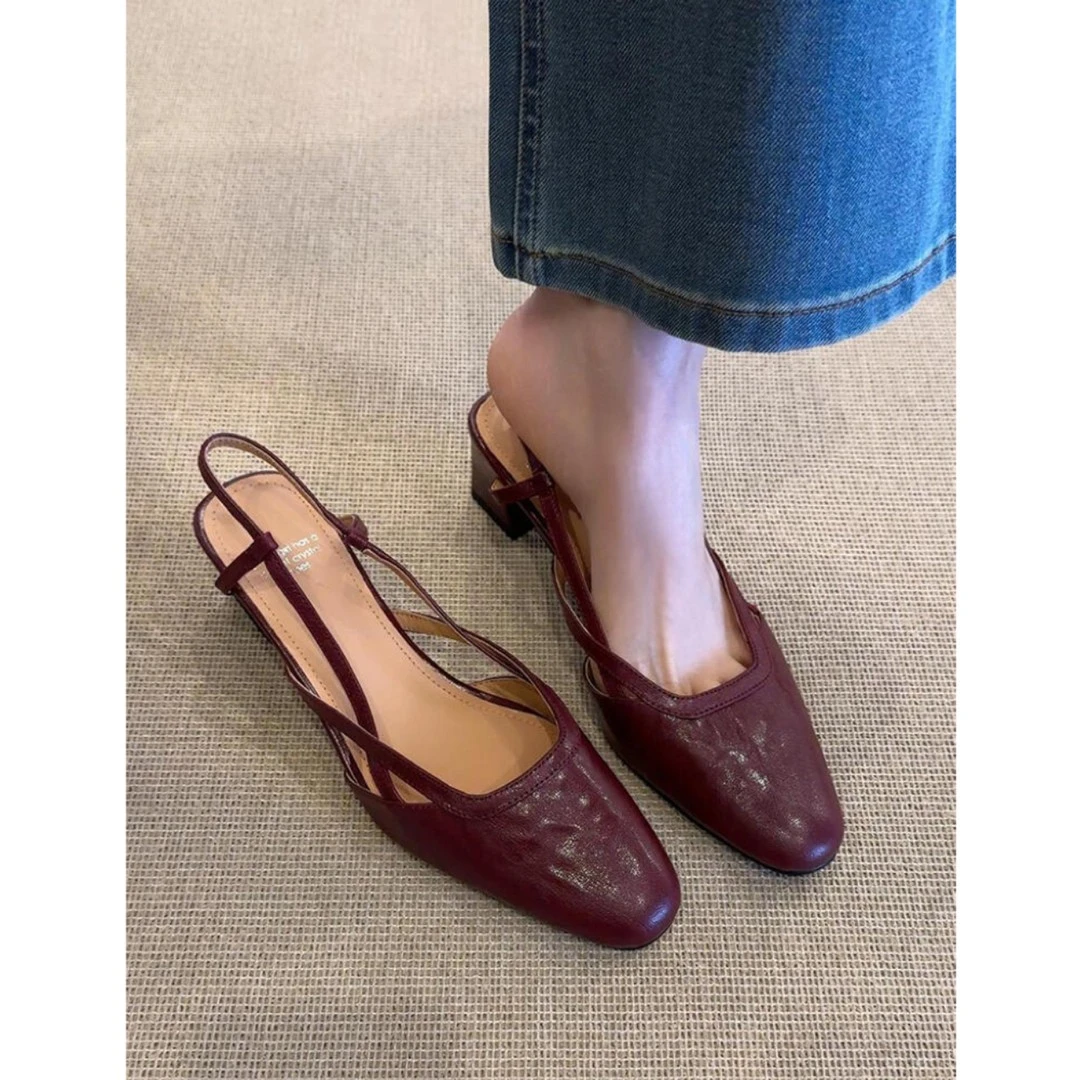 软羊皮法式绝美罗马凉鞋女2025新款方头高级感粗跟单鞋简约高跟鞋