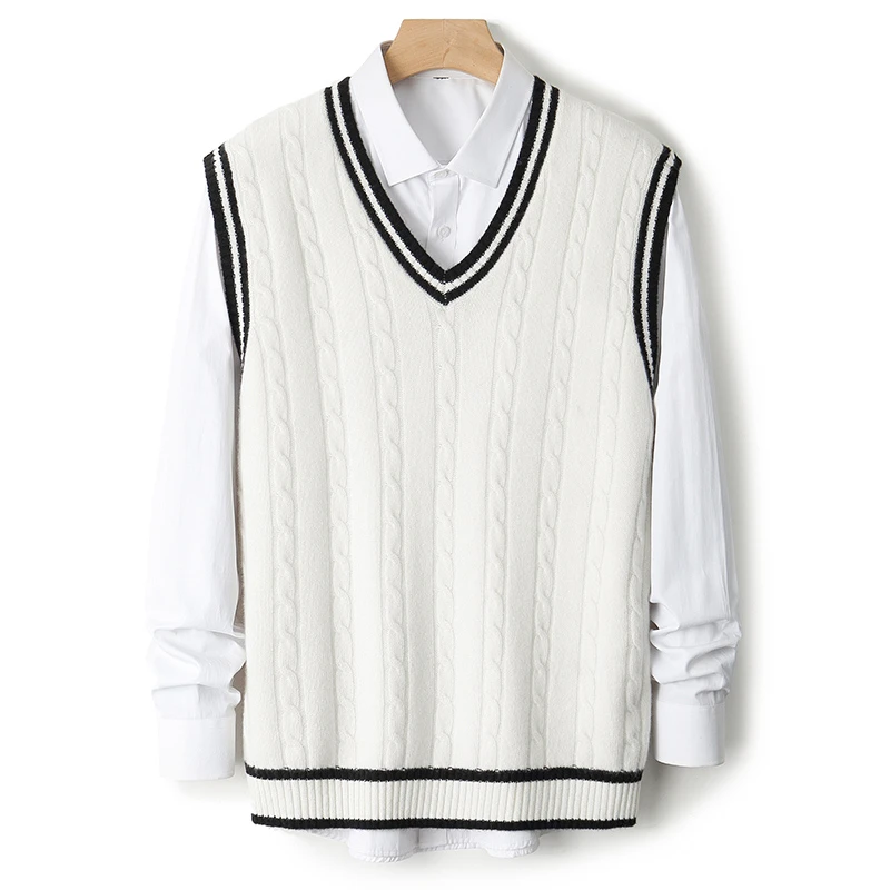 YJ1914-秋冬男士新款100%纯羊毛加厚V领提花羊毛衫坎肩