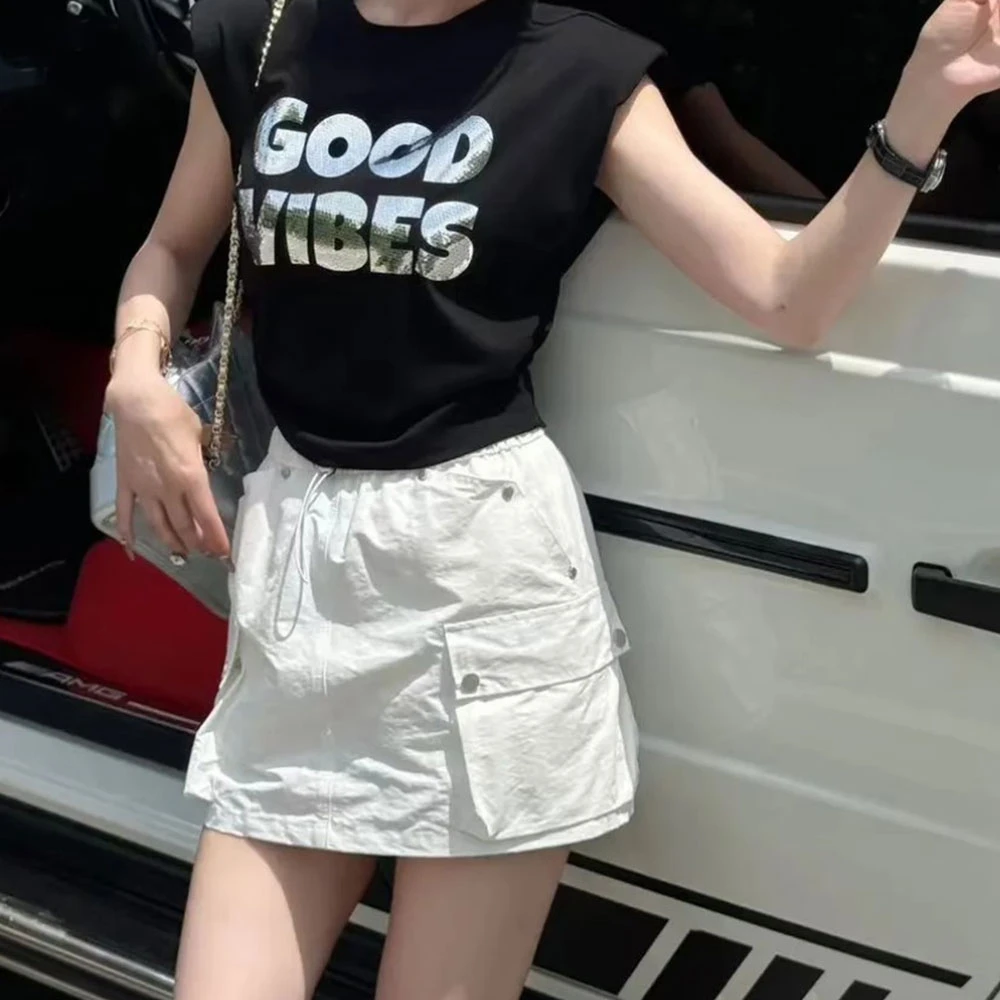 美式时尚口袋松紧腰工装半身裙女夏季小个子抽绳高腰显瘦a字短裙