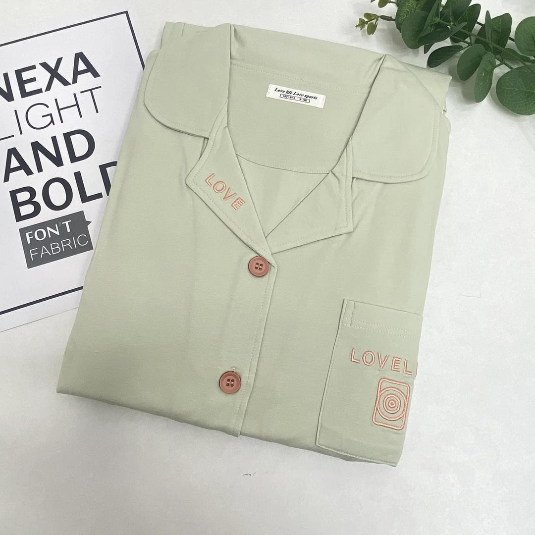 018#【长袖长裤无胸垫】简约气质款女士开衫睡衣套装家居服