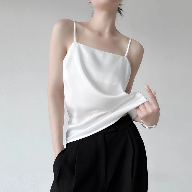一字领细肩带美背仿真丝醋酸缎面吊带女背心时尚内搭外穿雪纺打底