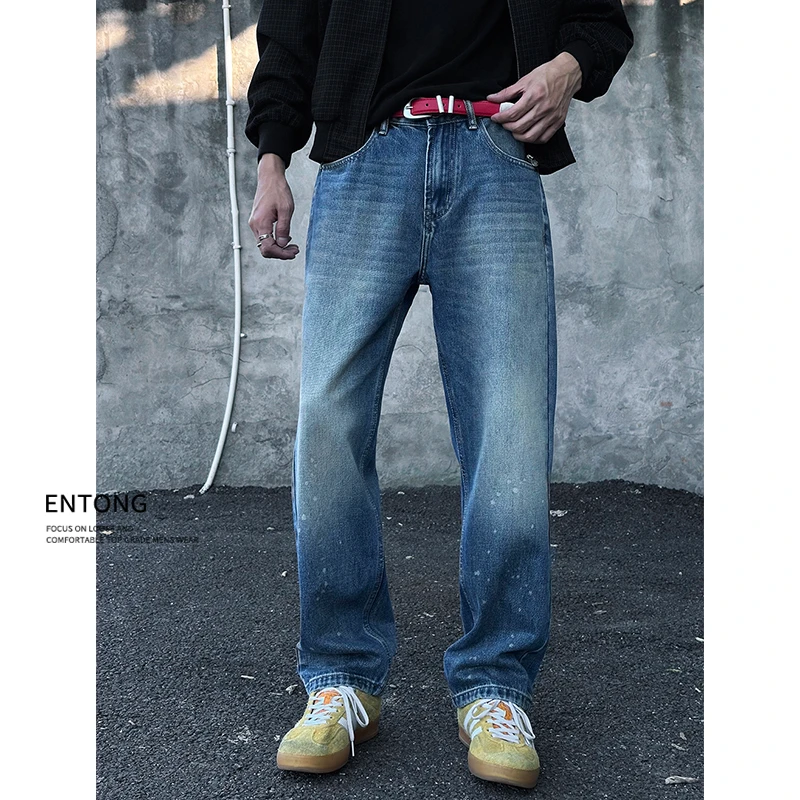 Entong潮牌美式宽松泼墨水洗牛仔裤男生秋季百搭cleanfit直筒裤子