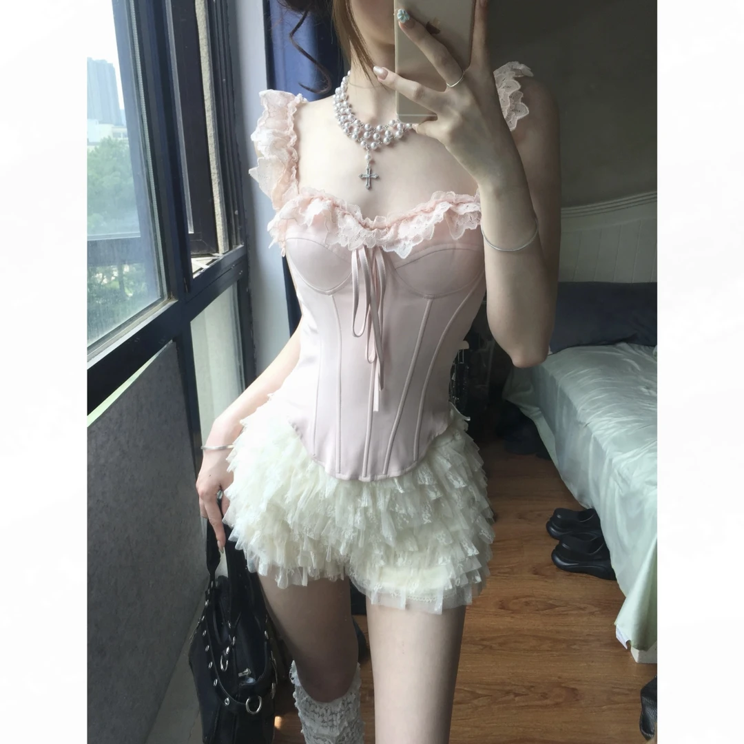 塞纳里花房 纯欲辣妹粉色系带吊带背心蕾丝收腰修身显瘦鱼骨胸衣