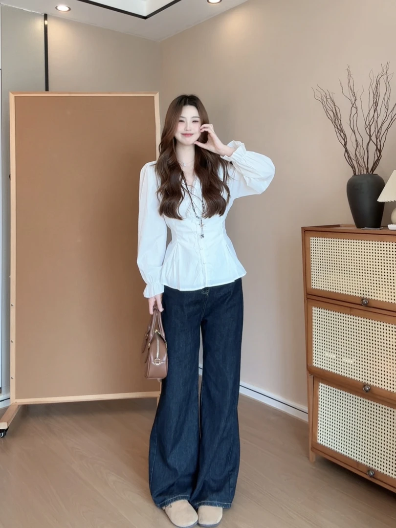 【运费补贴】2025秋新款大码女装胖MM蕾丝拼接长袖衬衫显瘦上衣8287