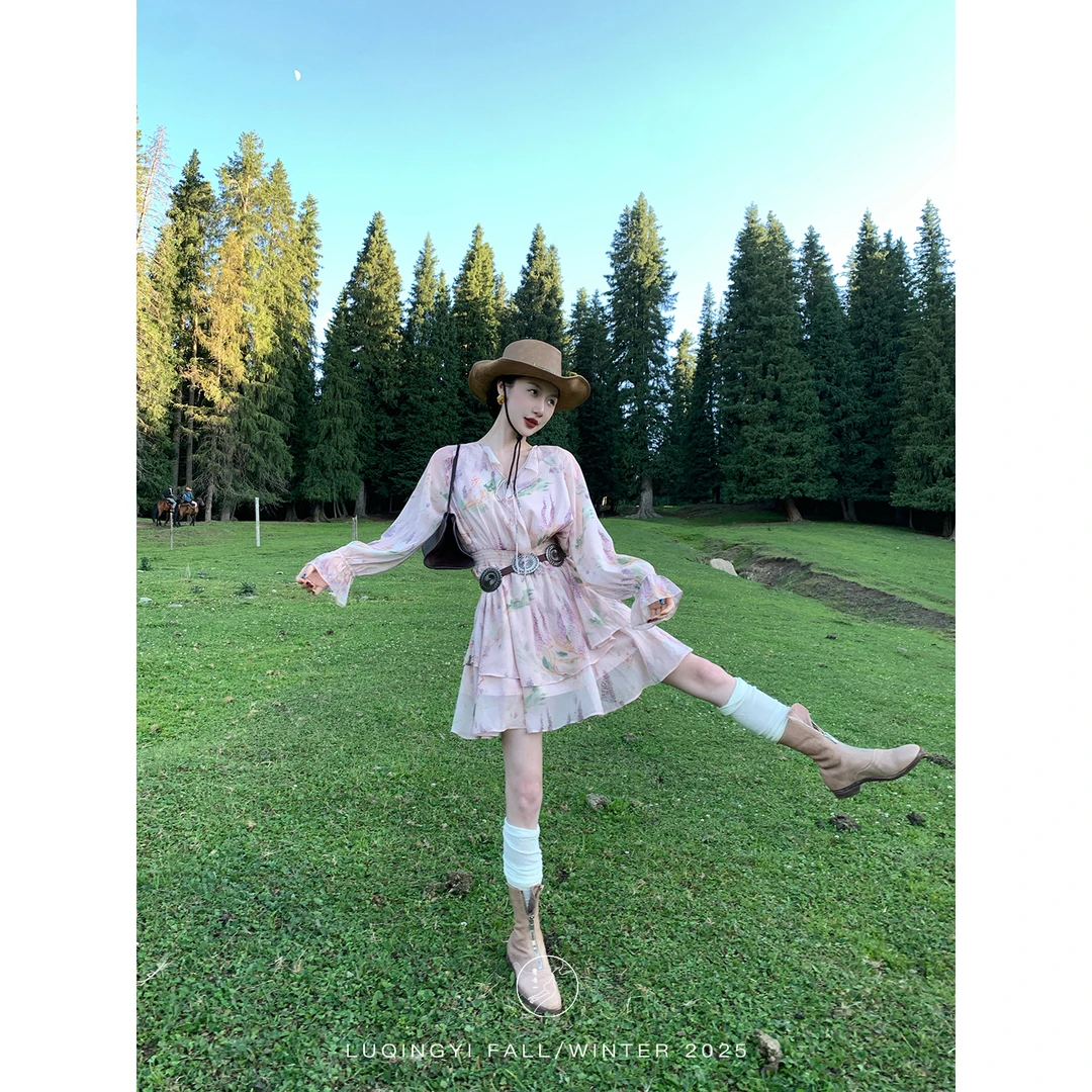 鹭青一原创【映容】法式晕染印花收腰设计雪纺连衣裙L25L1087L