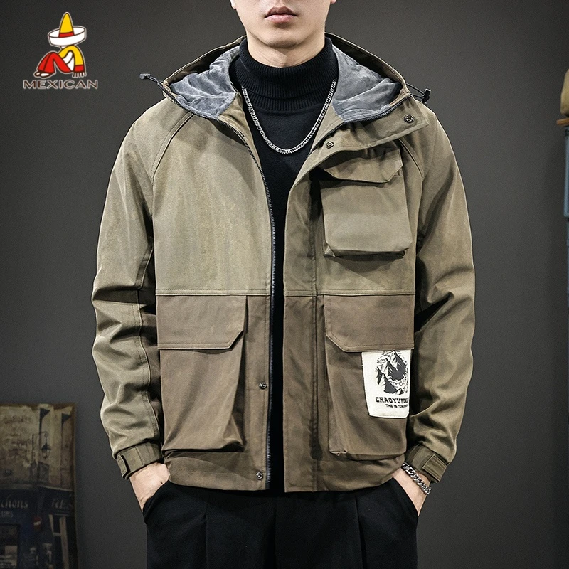 Mexican/稻草人美式潮牌银狐绒夹克男款秋冬宽松大码连帽工装外套