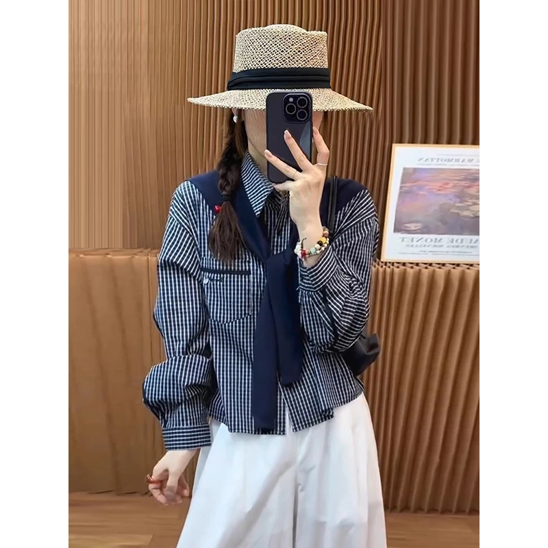 拉夏贝尔时尚韩系设计感披肩衬衫女2025秋百搭高级感长袖格子衬衣