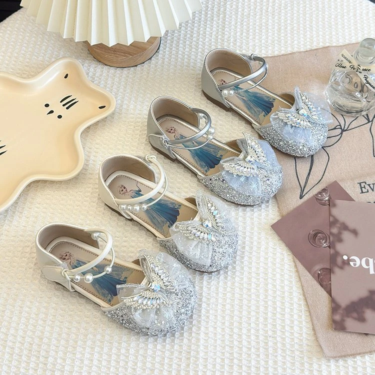 女童包头凉鞋2025新款公主水钻单鞋夏季软底珍珠蝴蝶结女孩皮鞋