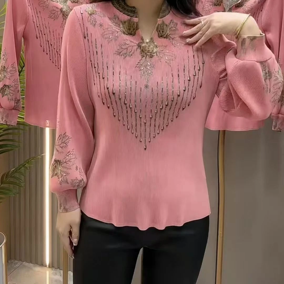 正版春秋外穿新款立领衬衫显瘦减龄透气钻花套头外套女士褶皱小衫