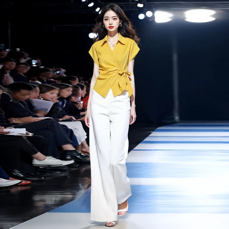 时尚套装女2025夏季新款时髦洋气不规则系带上衣阔腿裤气质两件套