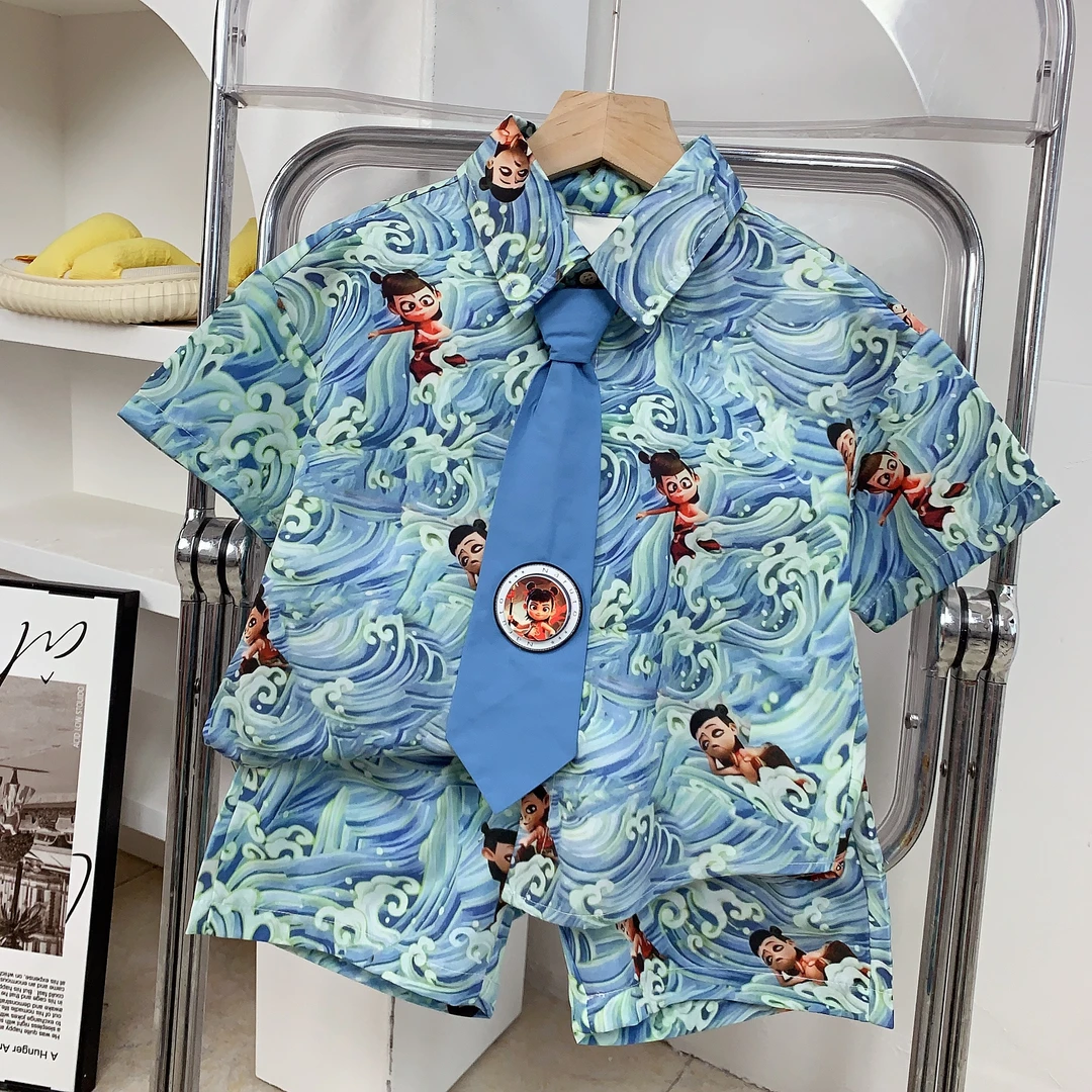 男童夏装套装2025新款儿童卡通哪吒衬衫夏季小男孩衬衫短裤两件套