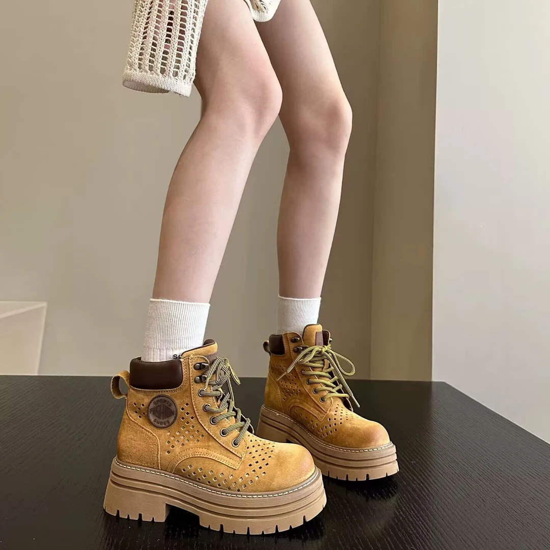夏季也要帅~欧美ins软皮镂空透气增高厚底马丁靴女工装短靴大黄靴