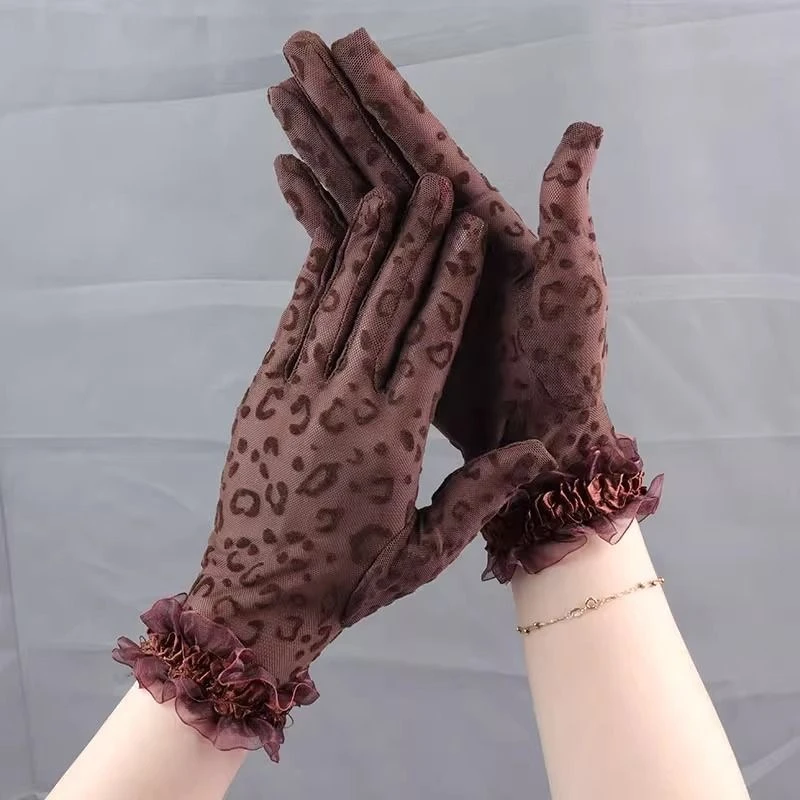 蕾丝薄款防晒手套女春夏秋豹纹黑色网纱复古优雅透气防晒手套开车
