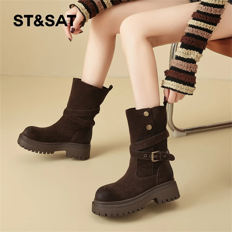 星期六马丁靴女款2025秋季新款皮带扣美拉德时装靴绒面英伦风短靴