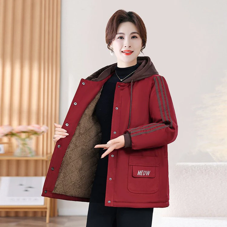 秋冬新款加绒加厚保暖连帽宽松显瘦洋气休闲妈妈装棉服中年外套