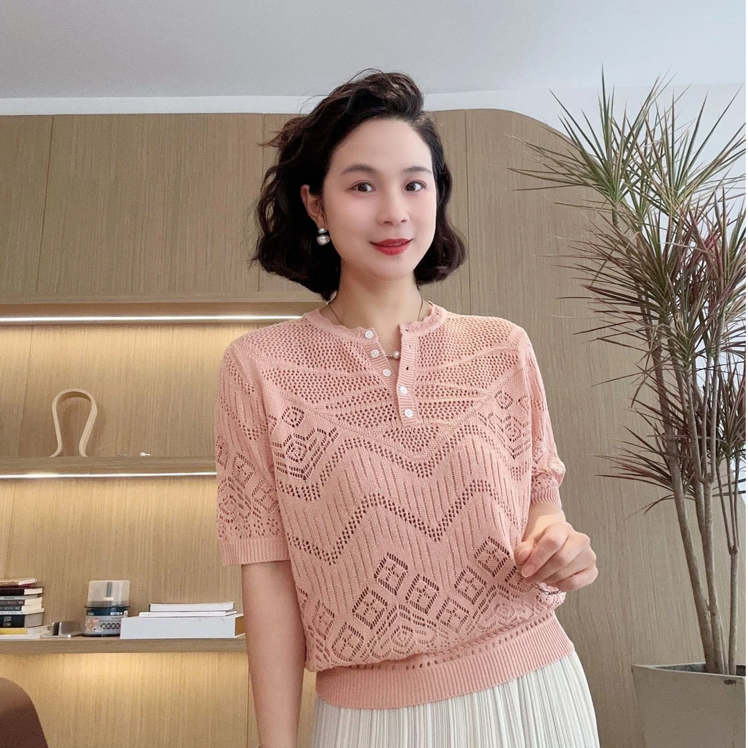 LVMU/吕木【迪拜之恋】短袖镂空设计感针织上衣#24329
