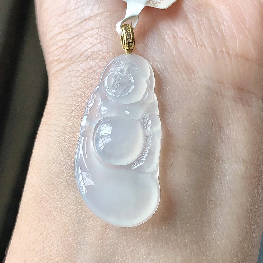 缅甸天然A货翡翠18k金镶嵌老坑冰种逍遥佛吊坠裸石尺寸33.3/16.6/