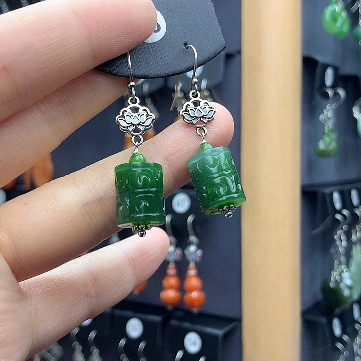 和田玉耳饰银S925镶嵌闲*絮