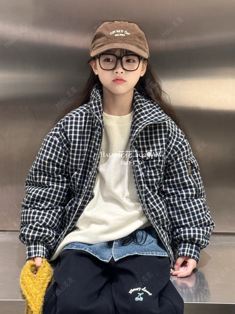 2025冬季新款蓝白格子棒球服加厚韩版棉服女童洋气拉链外套25776