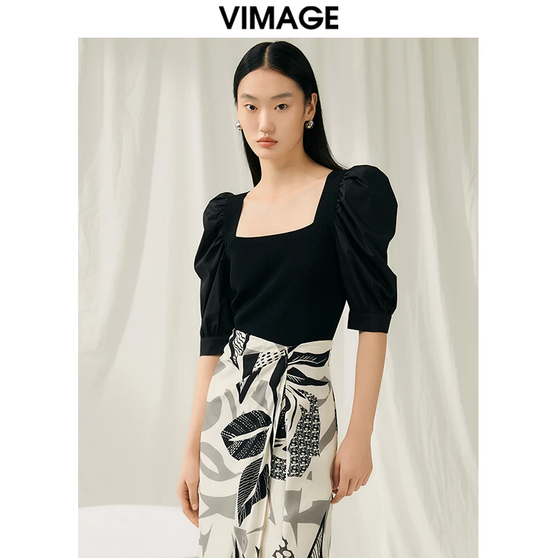 VIMAGE纬漫纪夏季新款时尚百搭方领泡泡袖针织衫V1901516