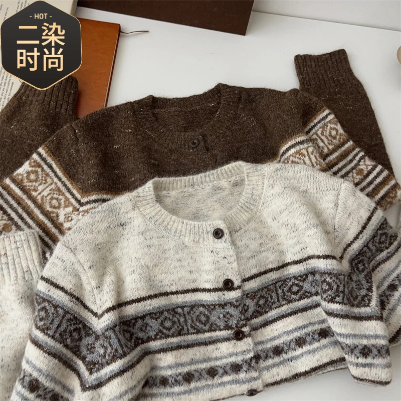 女士秋冬适用韩系新款时尚宽松自在上衣百搭圆领长袖针织开衫舒适