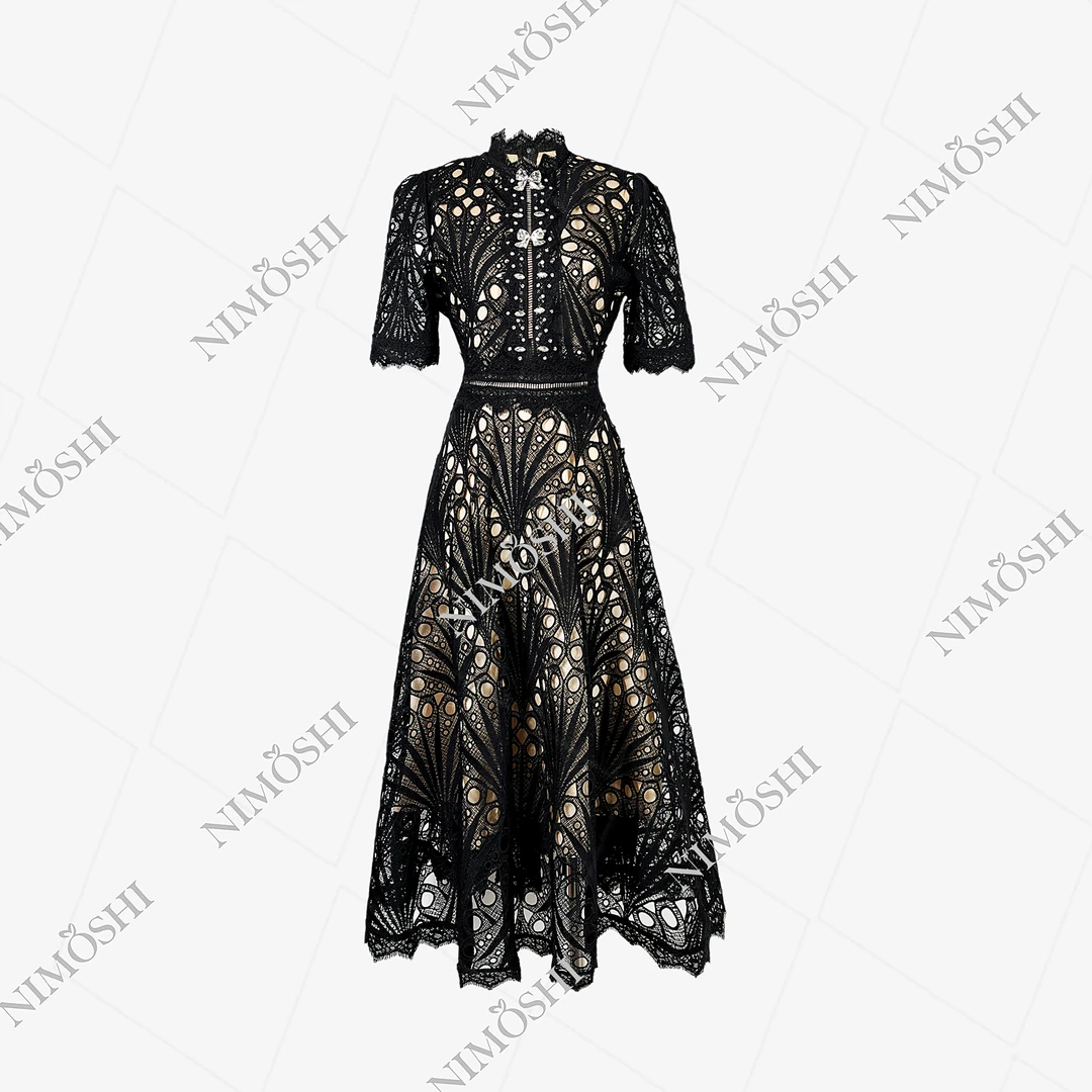 NIMðSHI【莎总】欧式名媛高级感水溶蕾丝镂空刺绣修气质连衣裙Q1314