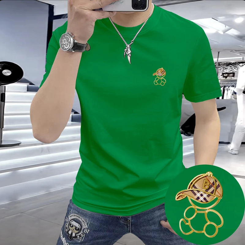 战沐韩版修身时尚夏季新款短袖潮流休闲欧货潮牌压花圆领帅气T恤