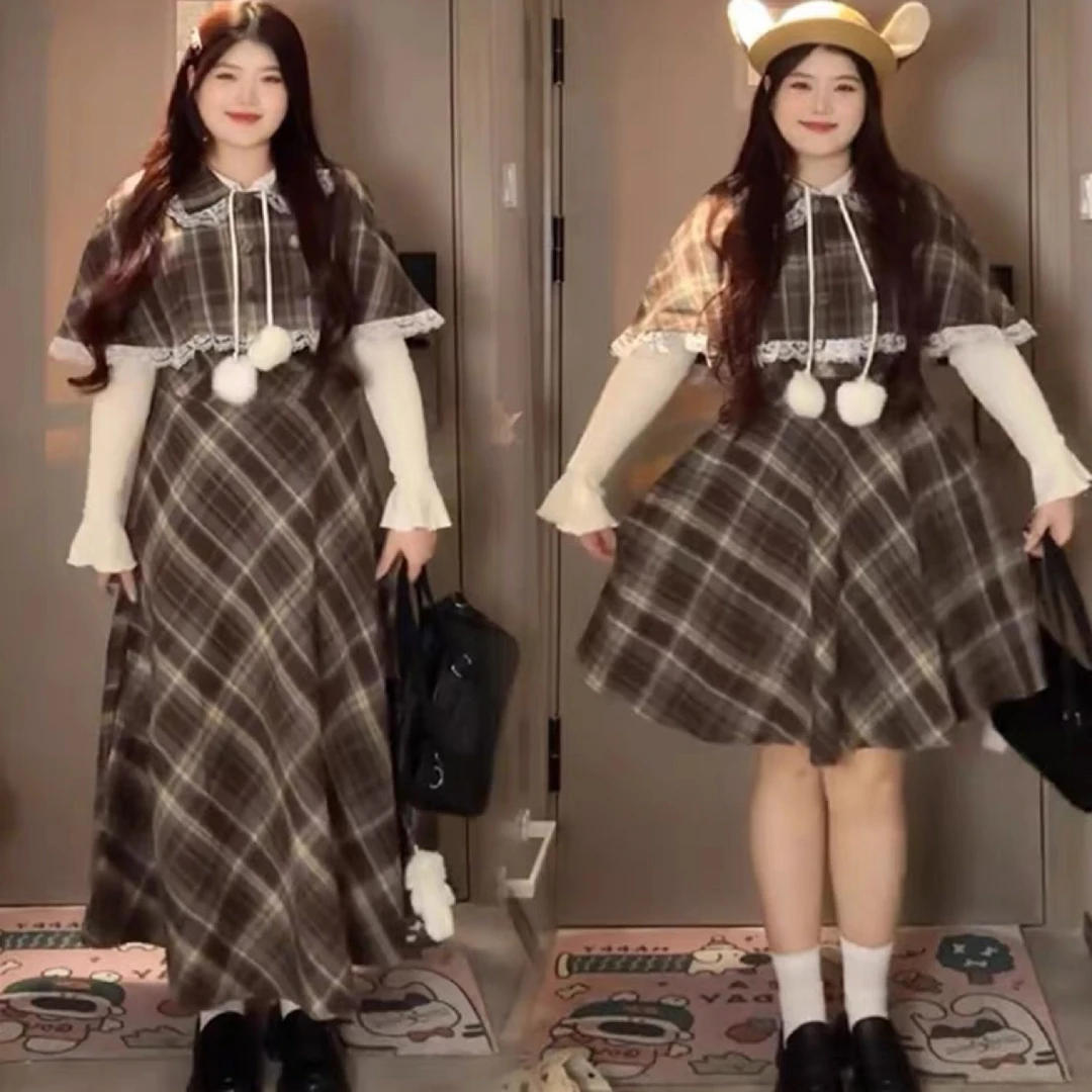 大码胖mm美拉德穿搭两件套连衣裙2025新款胖MM遮肚子显瘦套装