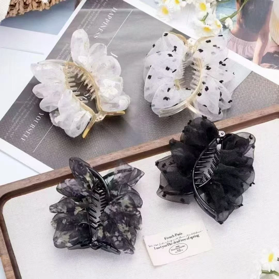 高级感印花雪纺皱抓夹女大号2025年新款发夹后脑勺盘发鲨鱼夹发饰