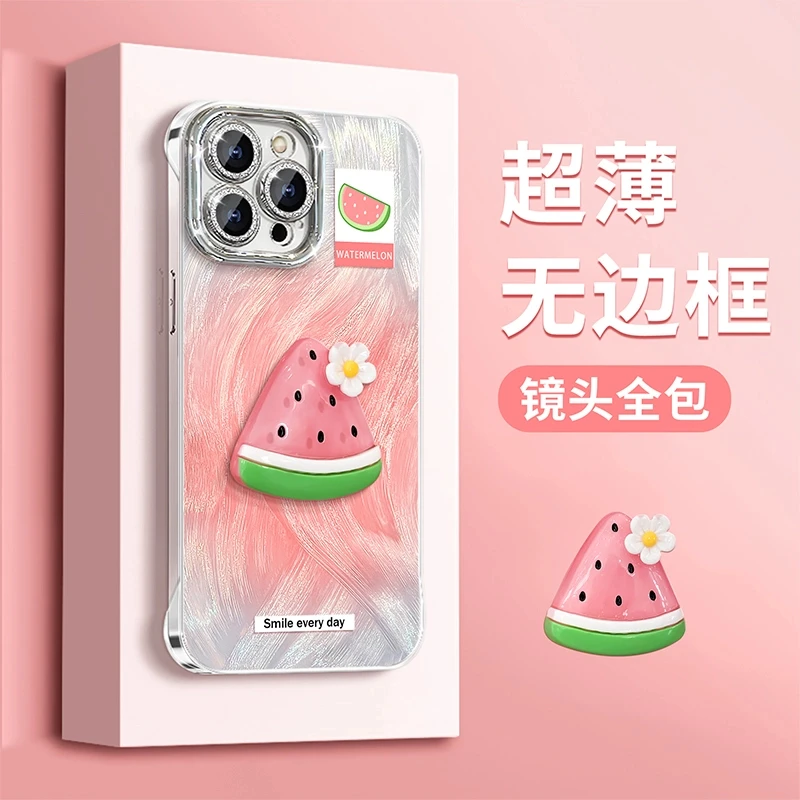 立体西瓜适用苹果华为vivo小米oppo羽纱无边框镜子支架手机壳防摔