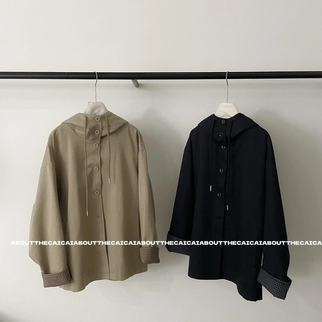 CAICAI格纹袖口短款连帽风衣外套女秋季新款韩系简约防风上衣2611