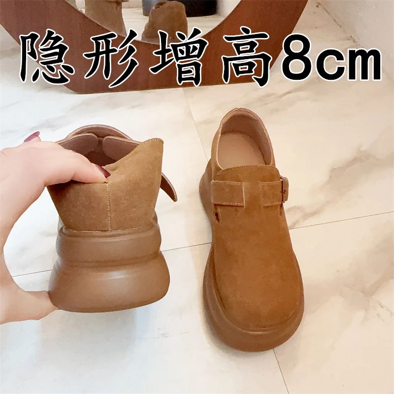 牛皮版厚底勃肯鞋女2025秋季爆款乐福鞋复古大头小个子内增高单鞋