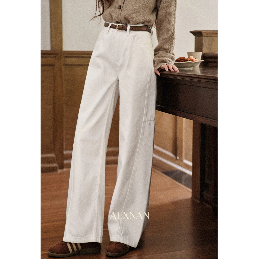 清清「长腿搭子」米白色休闲牛仔裤女新款阔腿直筒显瘦长裤L569165