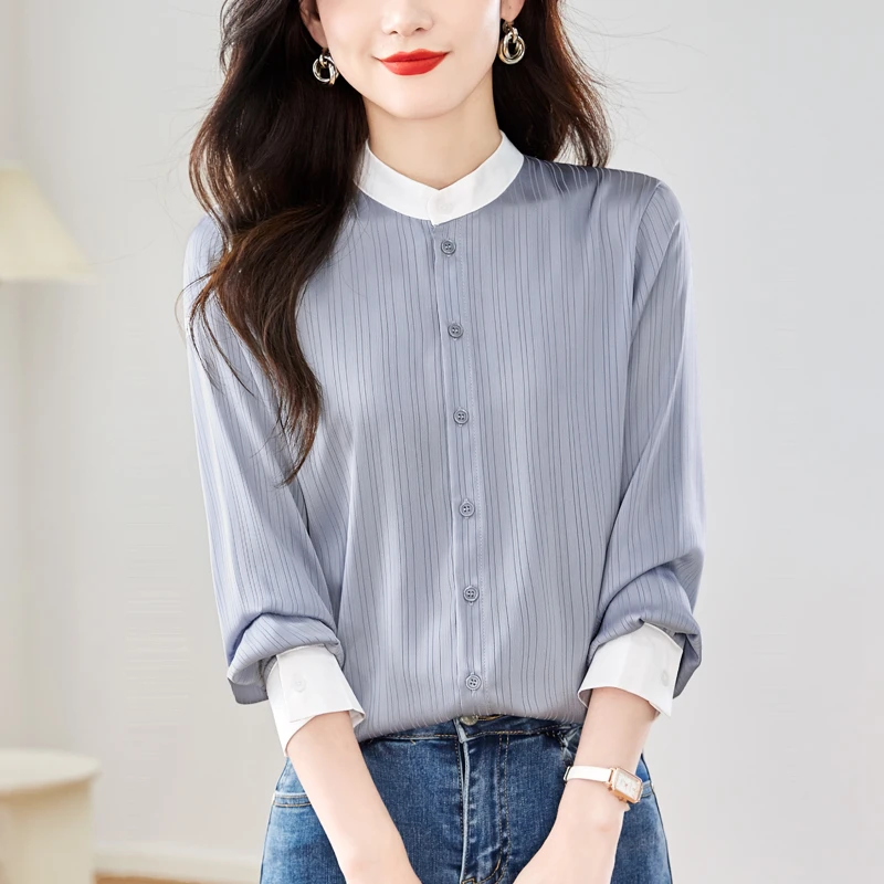 气质立领撞色长袖衬衫女春秋2025新款休闲百搭衬衣职业上衣潮1898