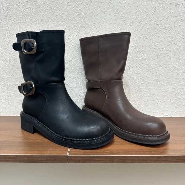 7316-03复古英伦风擦色做旧马丁靴女厚底粗跟皮带扣短筒秋冬