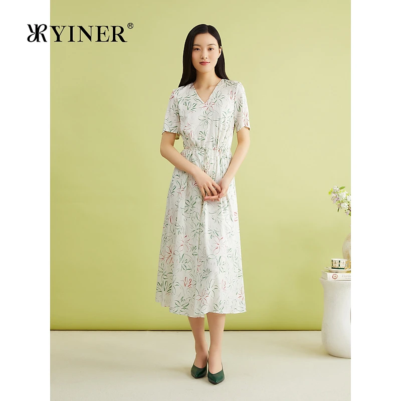 YINER音儿女装夏季法式优雅兰花印花V领收腰桑蚕丝真丝连衣裙