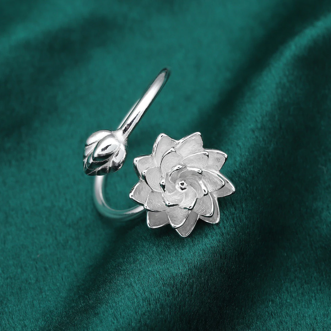 足银戒指 纯银女990足银女生能动莲花食指能动时尚个性食指环银戒