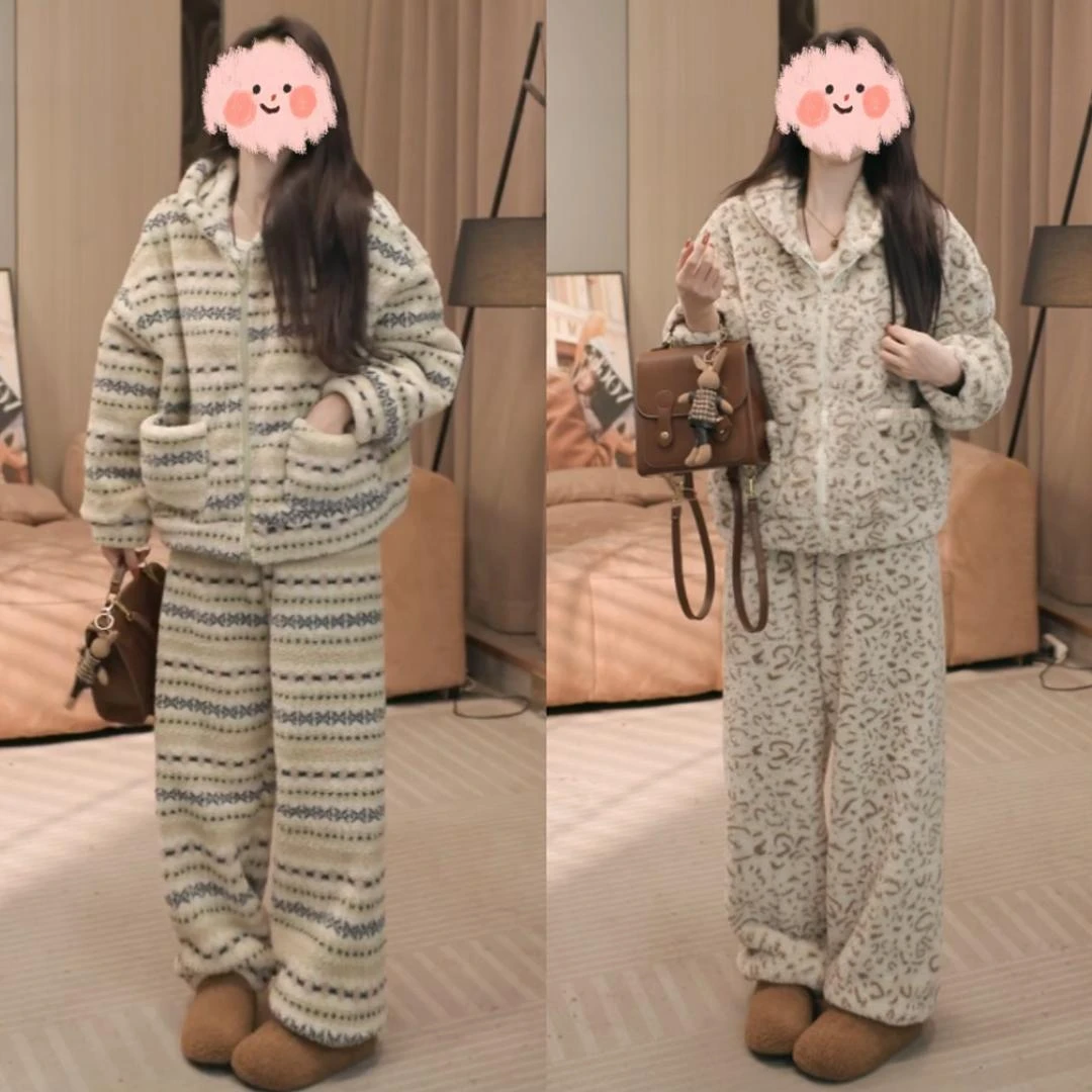 2025韩版连帽软乎睡衣套装女秋冬新款加厚保暖家居服可外穿两件套