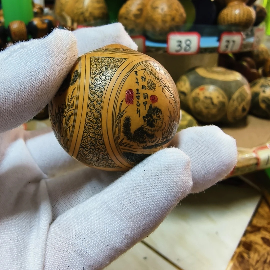 雅青阁葫芦5只猫手工针刺微雕墨刻鸡蛋葫芦文玩把玩把件小葫芦