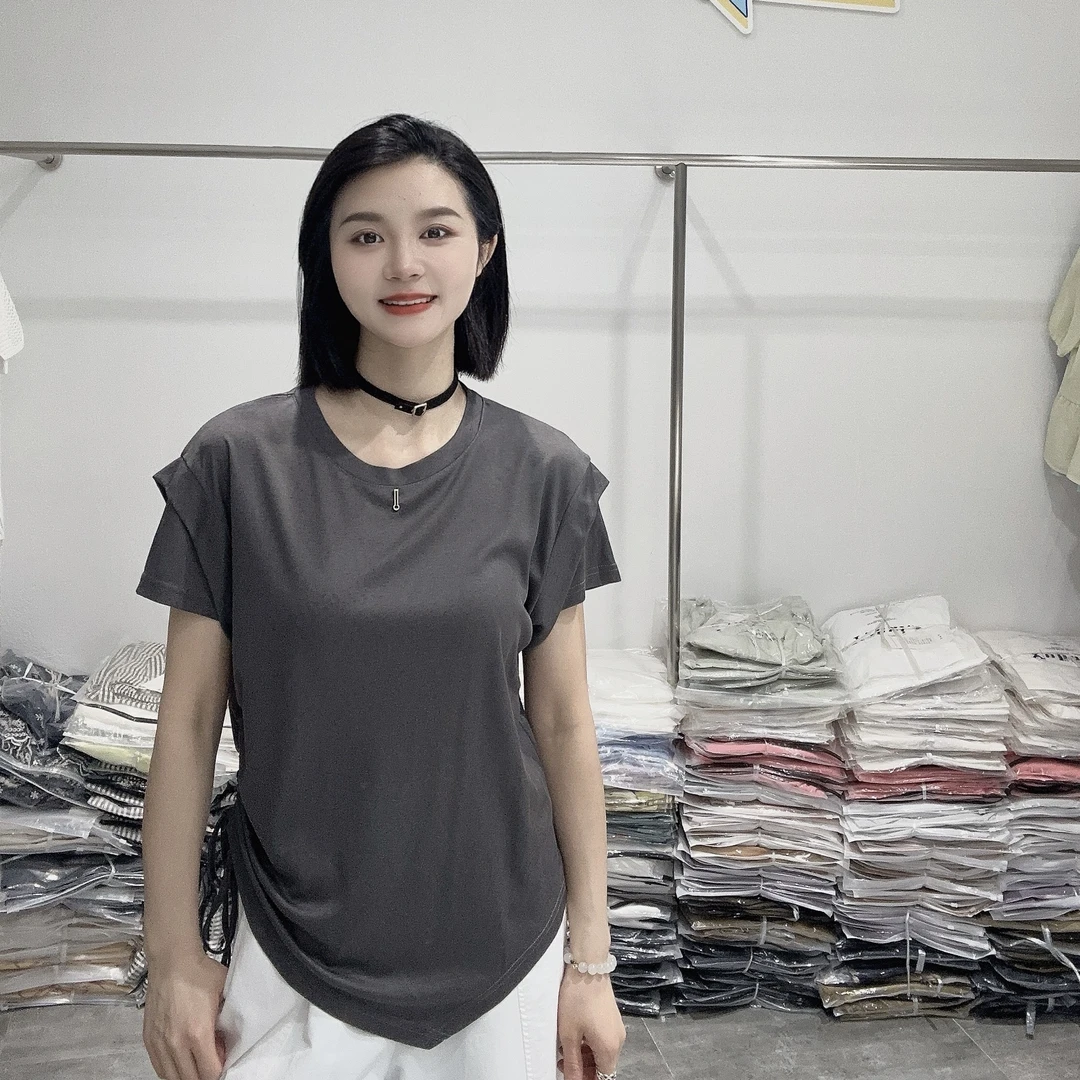 LMM 2857 2025夏季新款韩版圆领侧边抽绳显瘦短袖T恤女百搭上衣