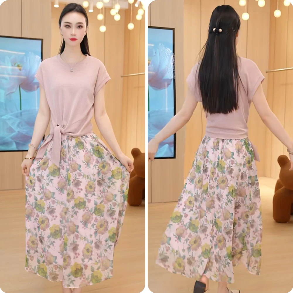 【上衣+裙子】2024夏季新款优雅气质舒适简约显瘦休闲套裙两件套