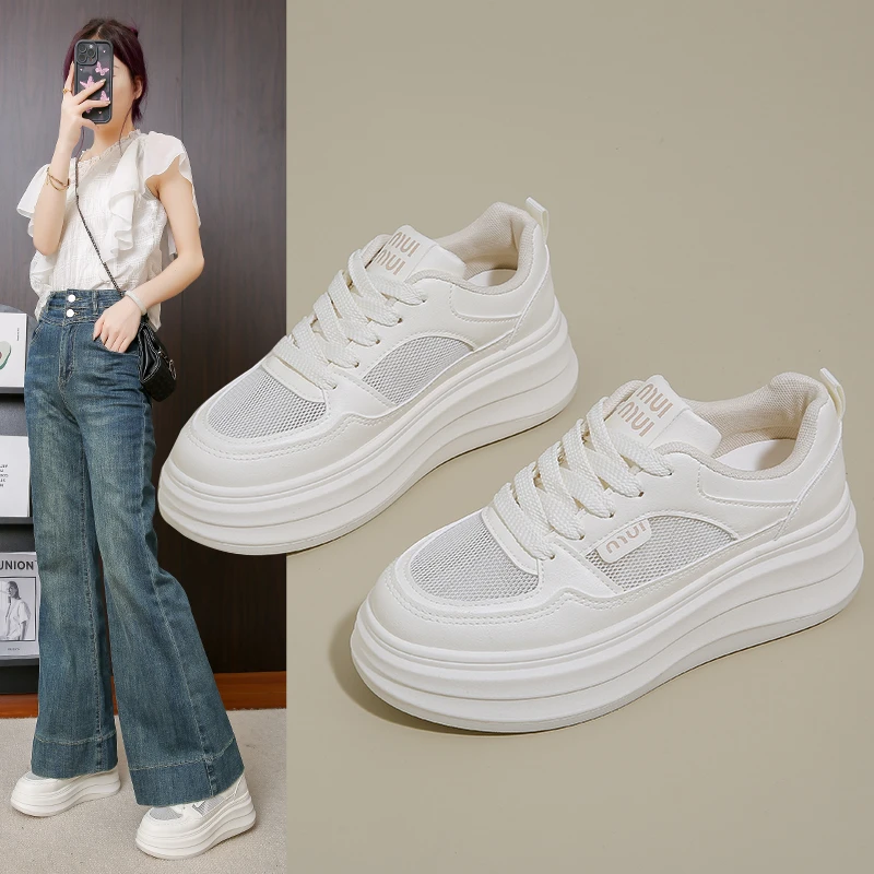 2【专柜正品】网面小白鞋女2025夏季新款透气休闲厚底百搭运动板鞋