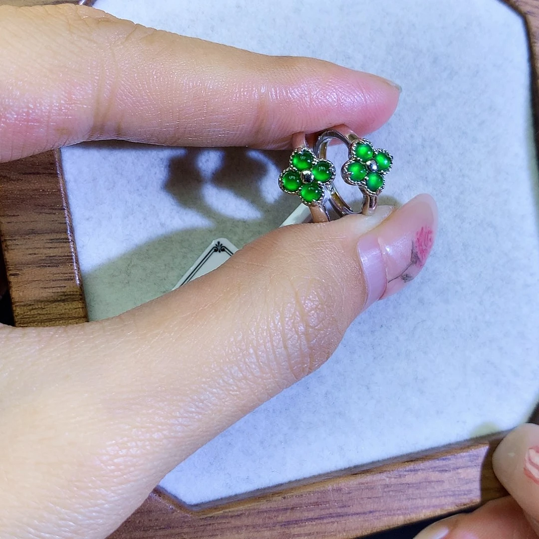 翡翠耳饰银S925镶嵌天然翡翠耳包