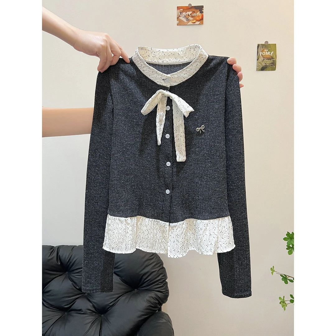 早秋纯欲温柔风蝴蝶结拼接假两件针织开衫女复古撞色长袖绝美上衣