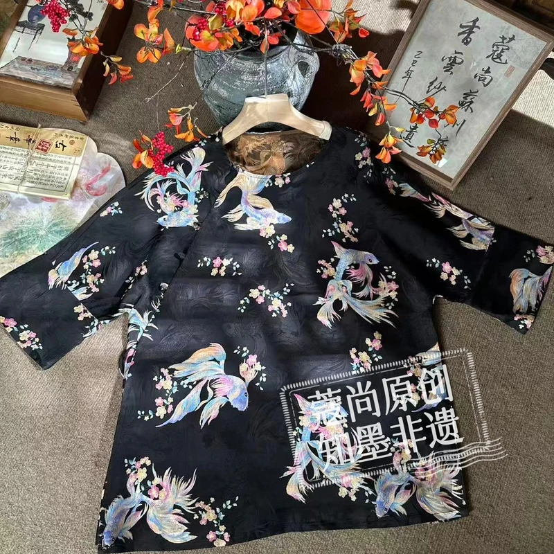 秋季新款新中式国风宽松显瘦圆领斜襟彩色锦鲤中袖上衣