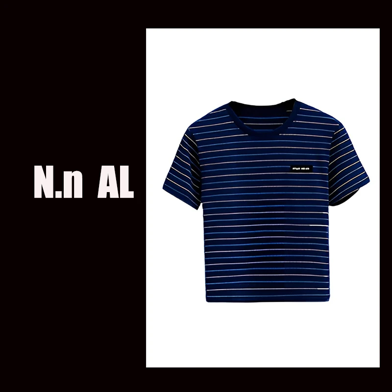 新款夏季复古老钱风蓝色纯棉短袖条纹谬里谬气圆领T恤2652